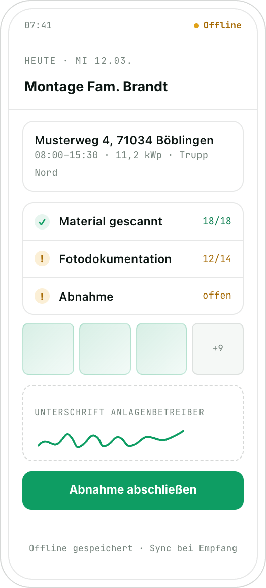 Monteur-App auf dem Handy: Auftrag, Material 18 von 18 gescannt, Fotodokumentation 12 von 14, digitale Unterschrift.