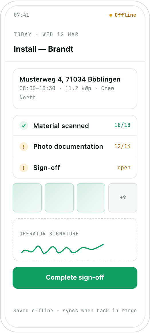 Installer app on a phone: job details, 18 of 18 items scanned, 12 of 14 photos, digital signature.