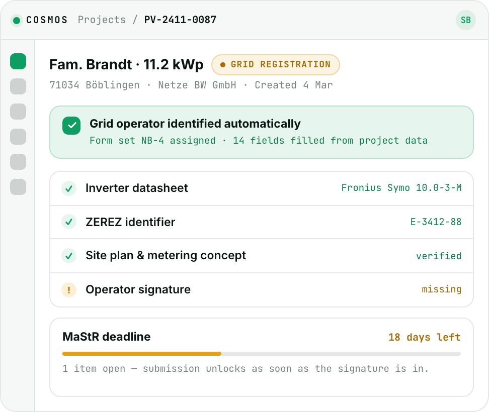 Cosmos project file PV-2411-0087: grid operator detected automatically, documents checked, 18 days left on the MaStR deadline.